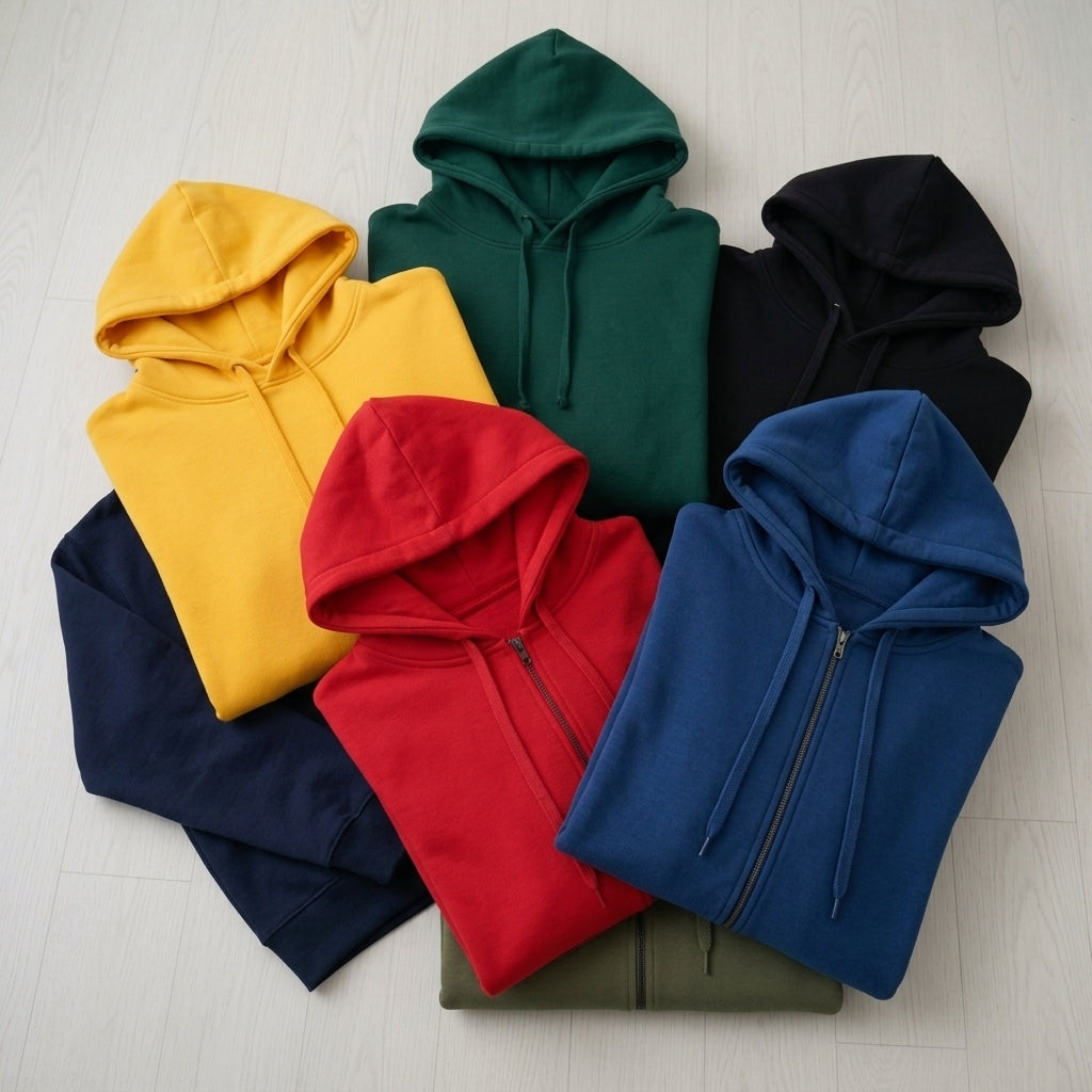 Qualifin Shop Kollage aus Zip Hoodies und Hoodies von Fruit of the Loom in 7 Farben