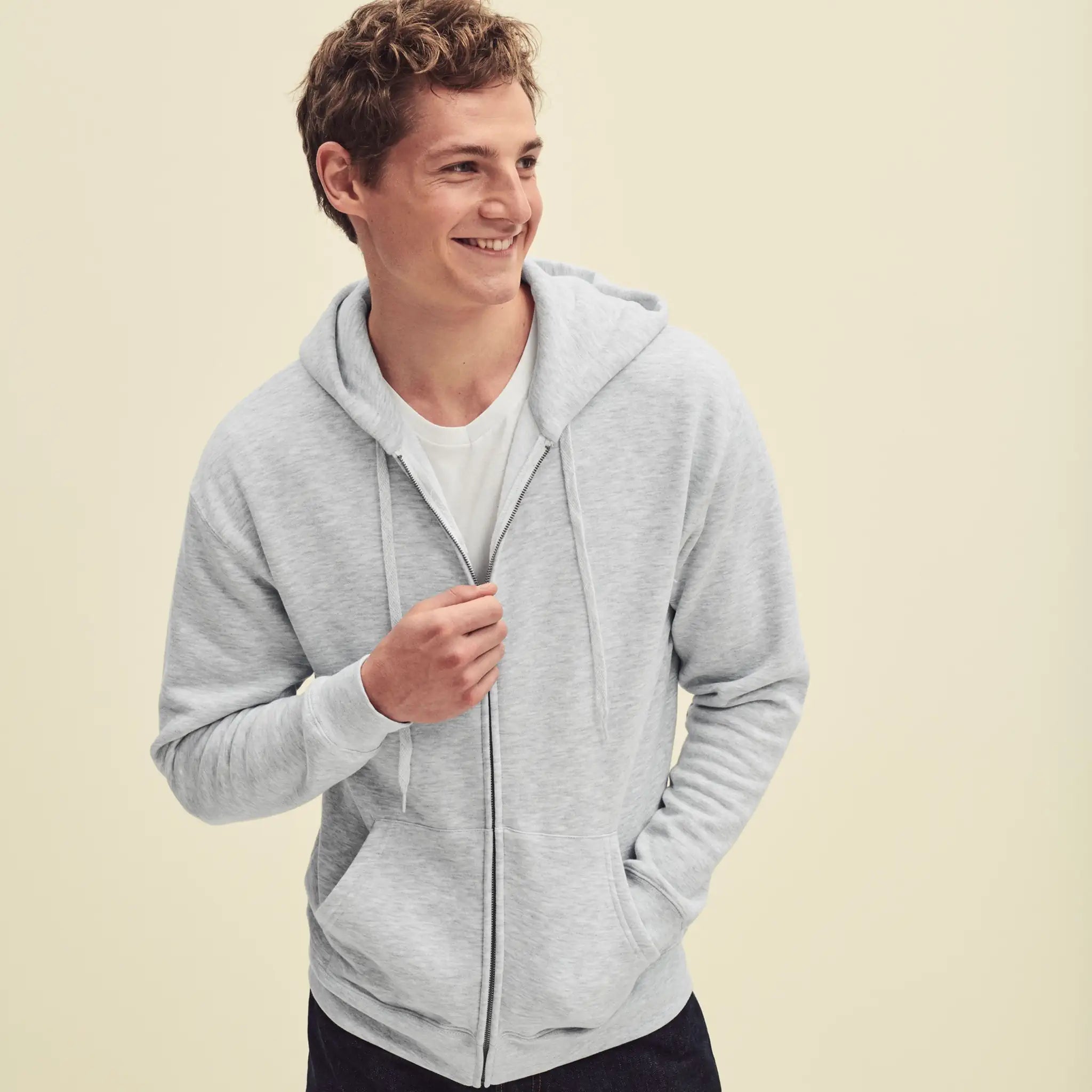 Qualifin Shop Fruit of the Loom Premium Hooded Sweat Jacket mit Reissverschluss Model mit heather grey