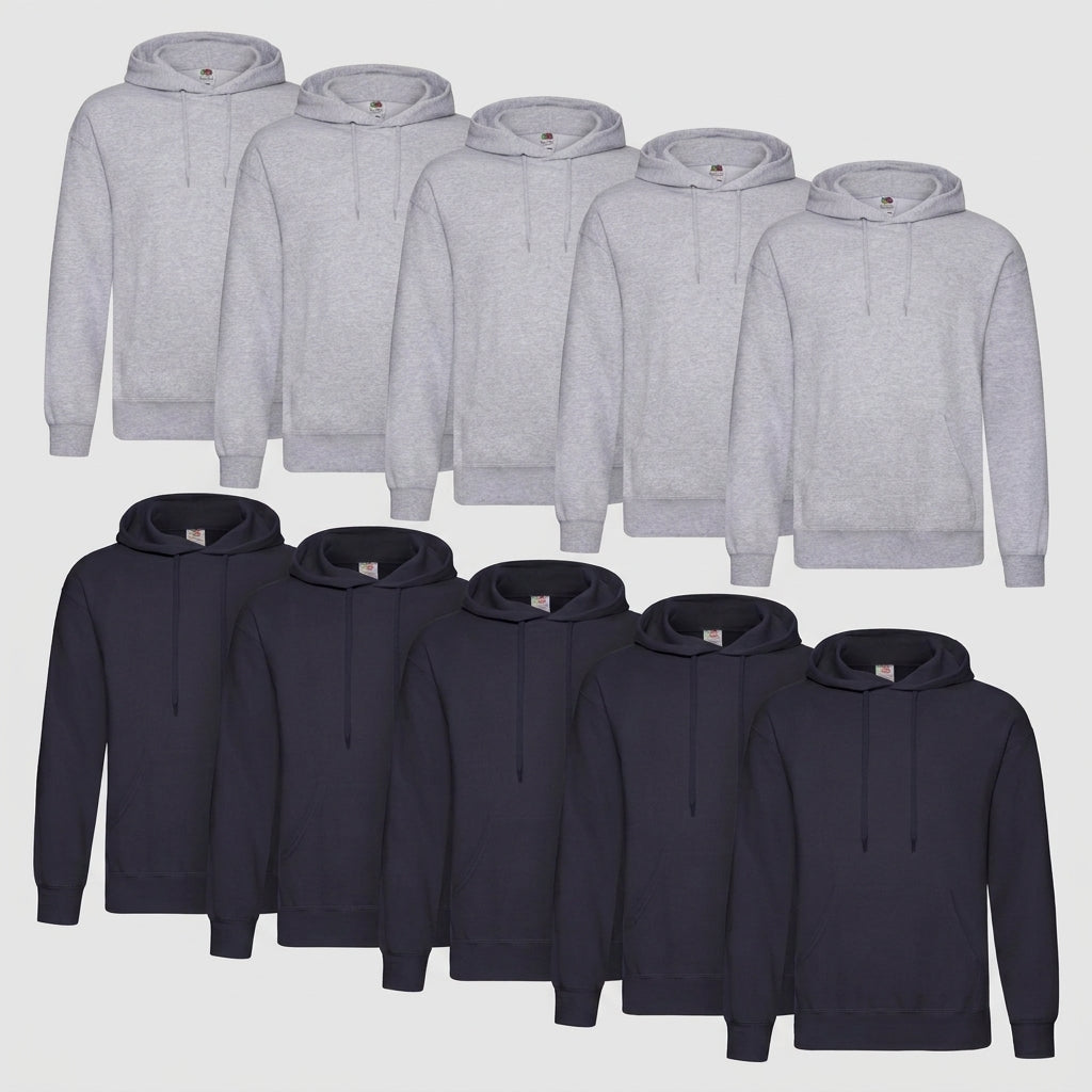 Fruit of the Loom Classic Hoodie – 10er Pack 5x Grau Meliert und 5x Dunkelblau