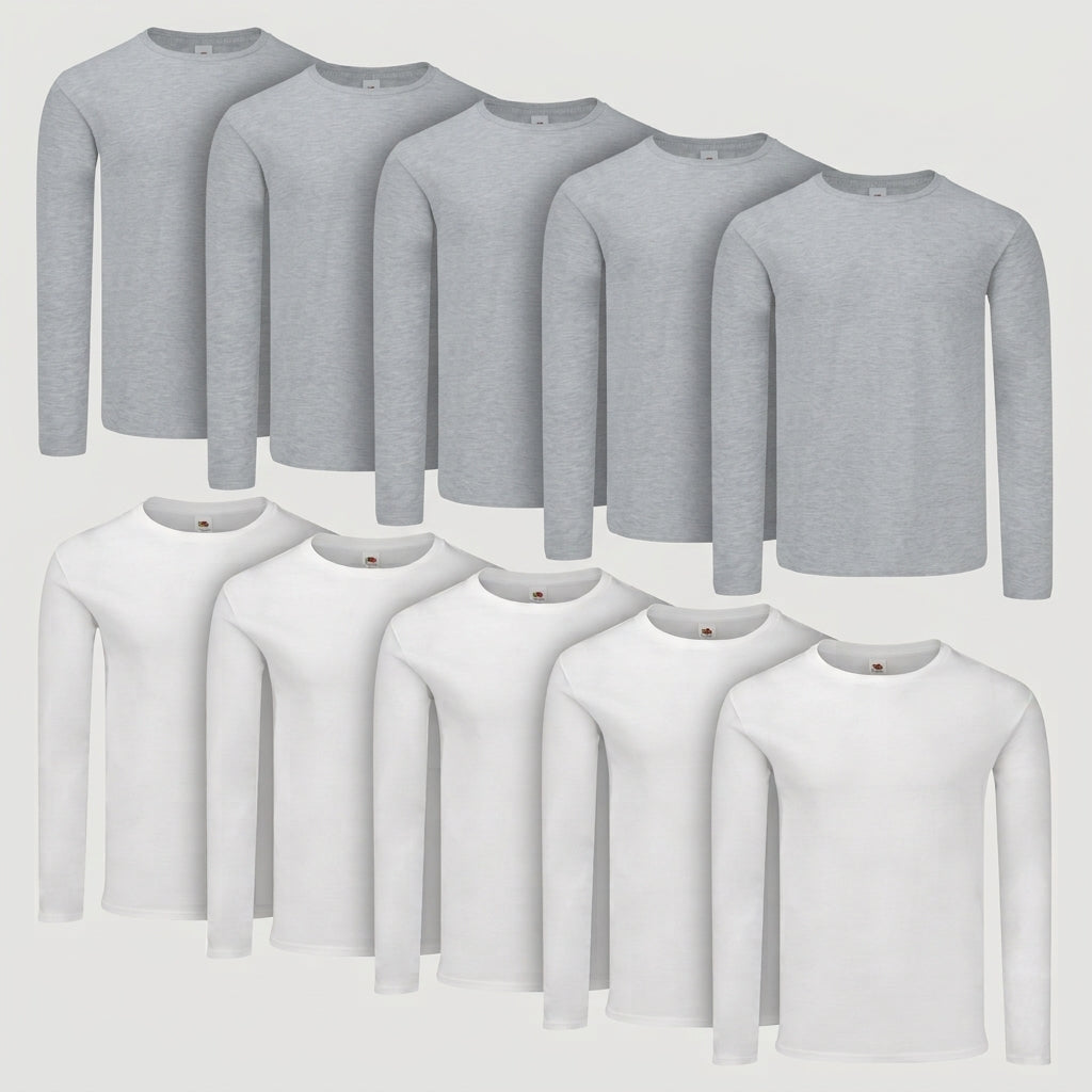 Fruit of the Loom Iconic 150 Classic Langarm T-Shirt 10er-Pack – 5x grau meliert & 5x Weiß