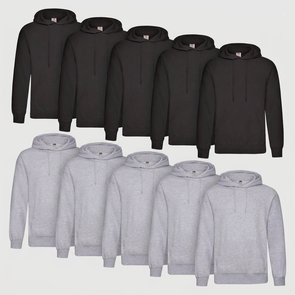 Fruit of the Loom Classic Hoodie – 10er Pack 5x Grau Meliert und 5x schwarz
