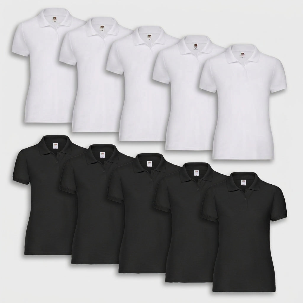 Fruit of the Loom Ladies 65/35 Polo Shirt SC281 im 10er Pack (5x Schwarz & 5x Weiß) – Produktansicht
